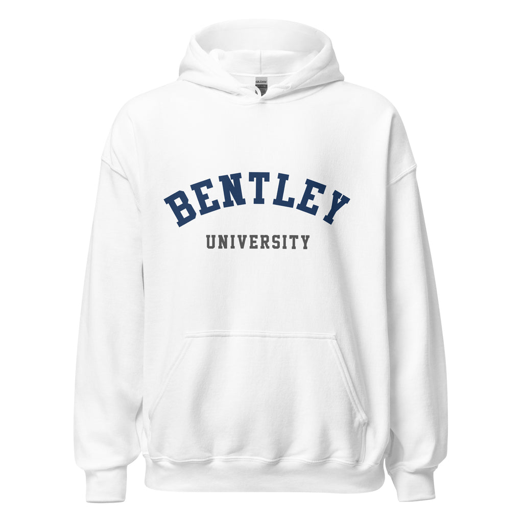 Unisex heather gray hoodie featuring Bentley University logo printed across the front chest
