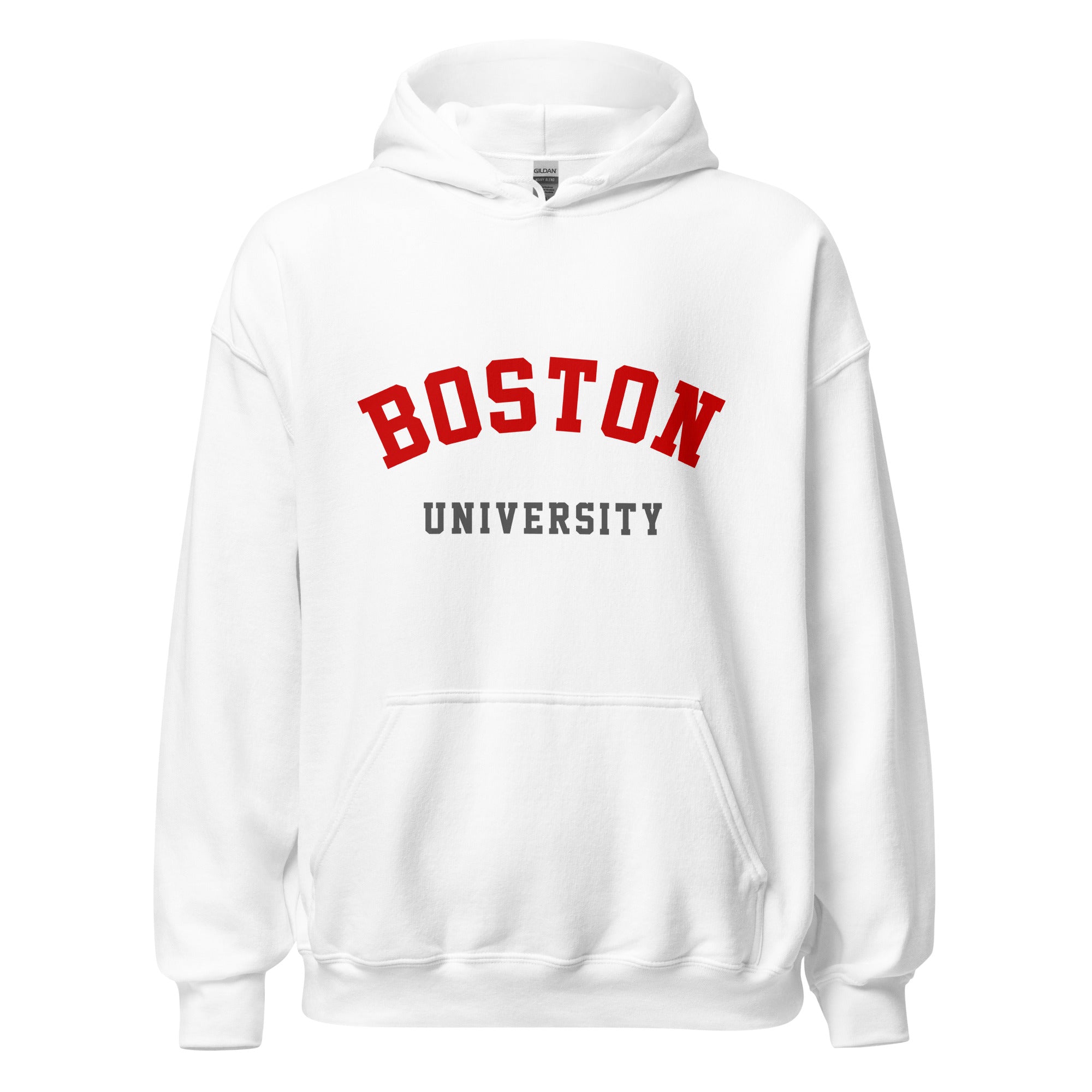 Unisex heather gray hoodie featuring Boston University logo printed across the front chest