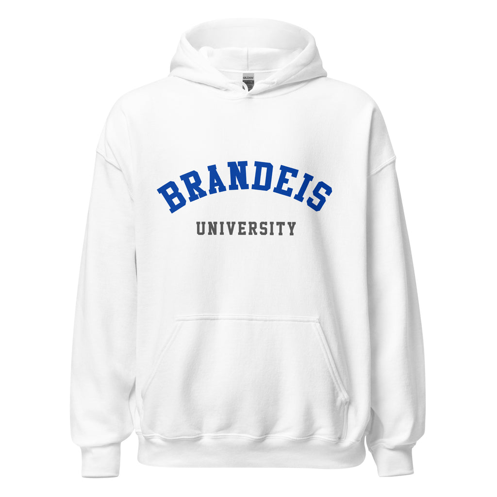 Unisex heather gray hoodie featuring Brandeis University logo printed across the front chest