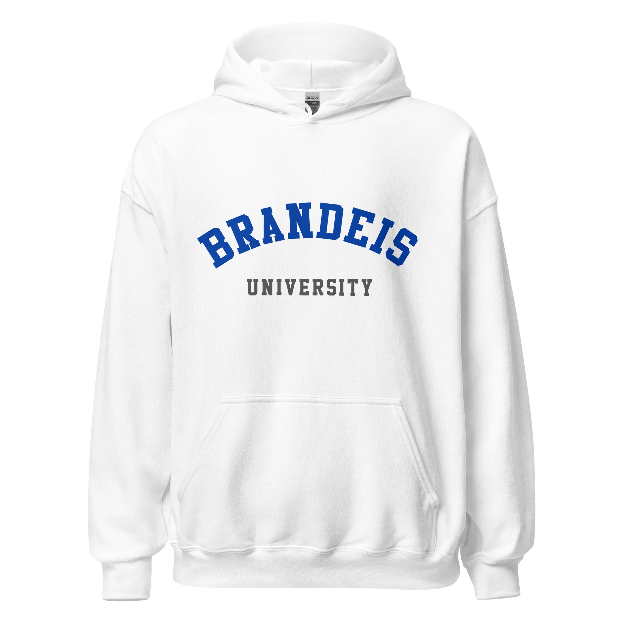 Unisex heather gray hoodie featuring Brandeis University logo printed across the front chest