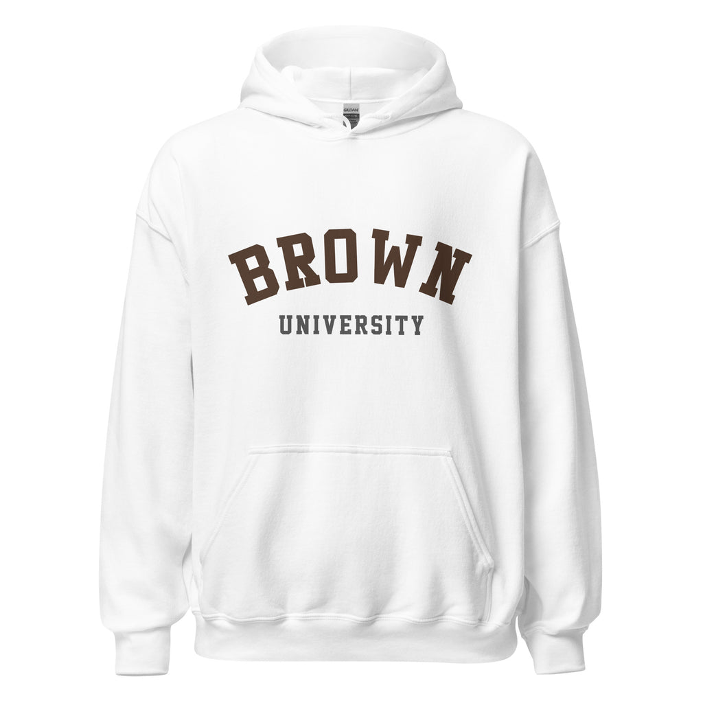 Unisex heather gray hoodie featuring Brown University logo printed across the front chest