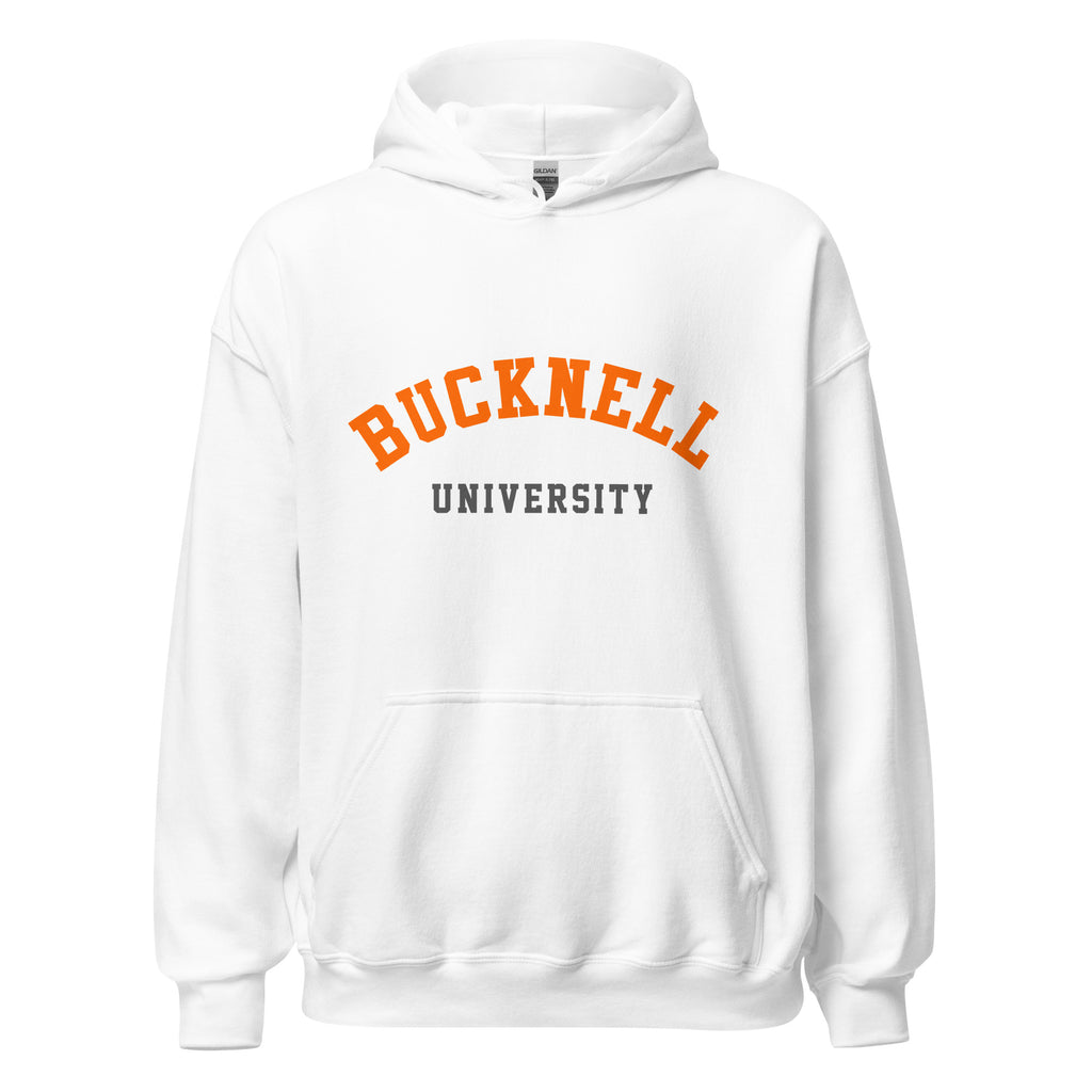 Unisex heather gray hoodie featuring Bucknell University logo printed across the front chest