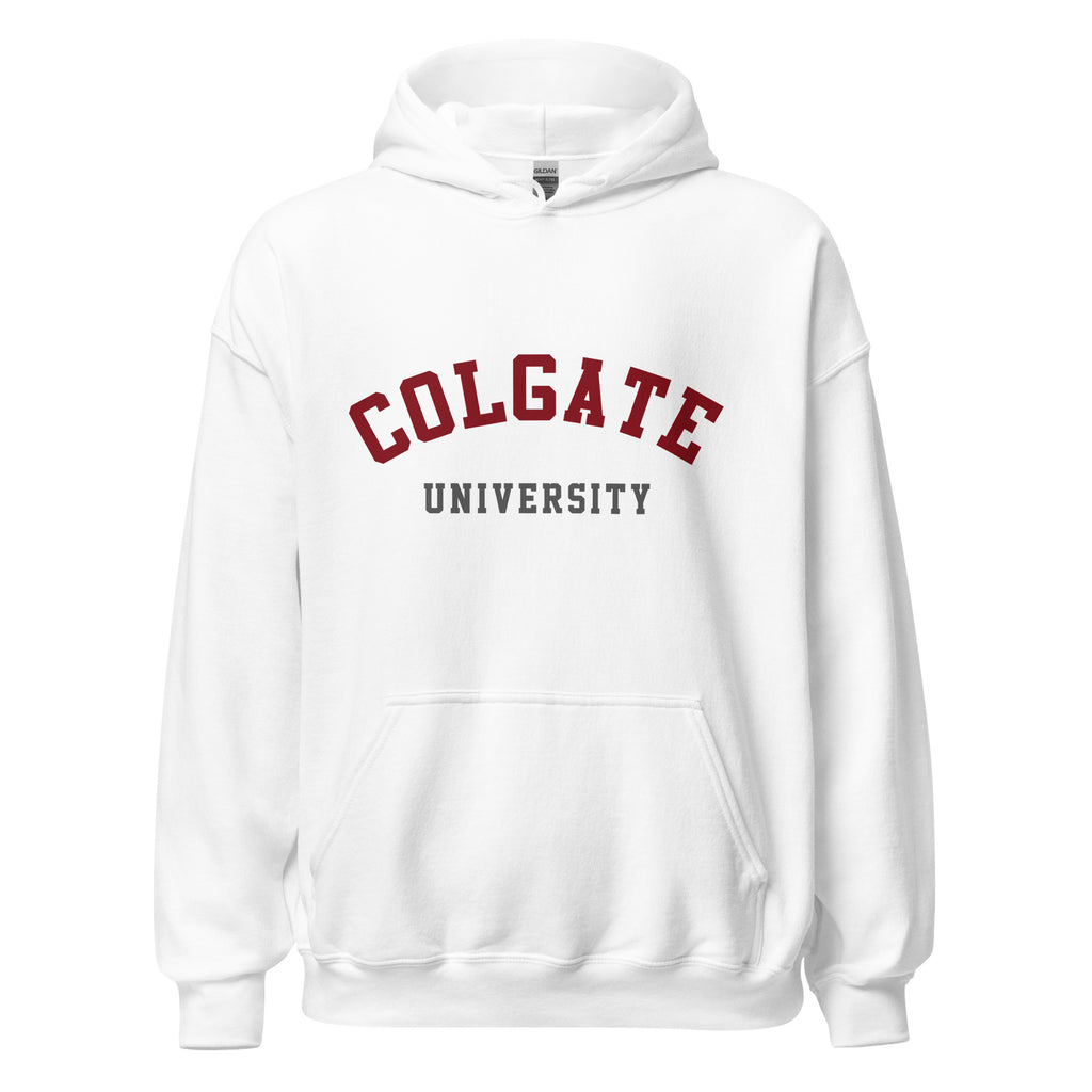 Unisex heather gray hoodie featuring Colgate University logo printed across the front chest