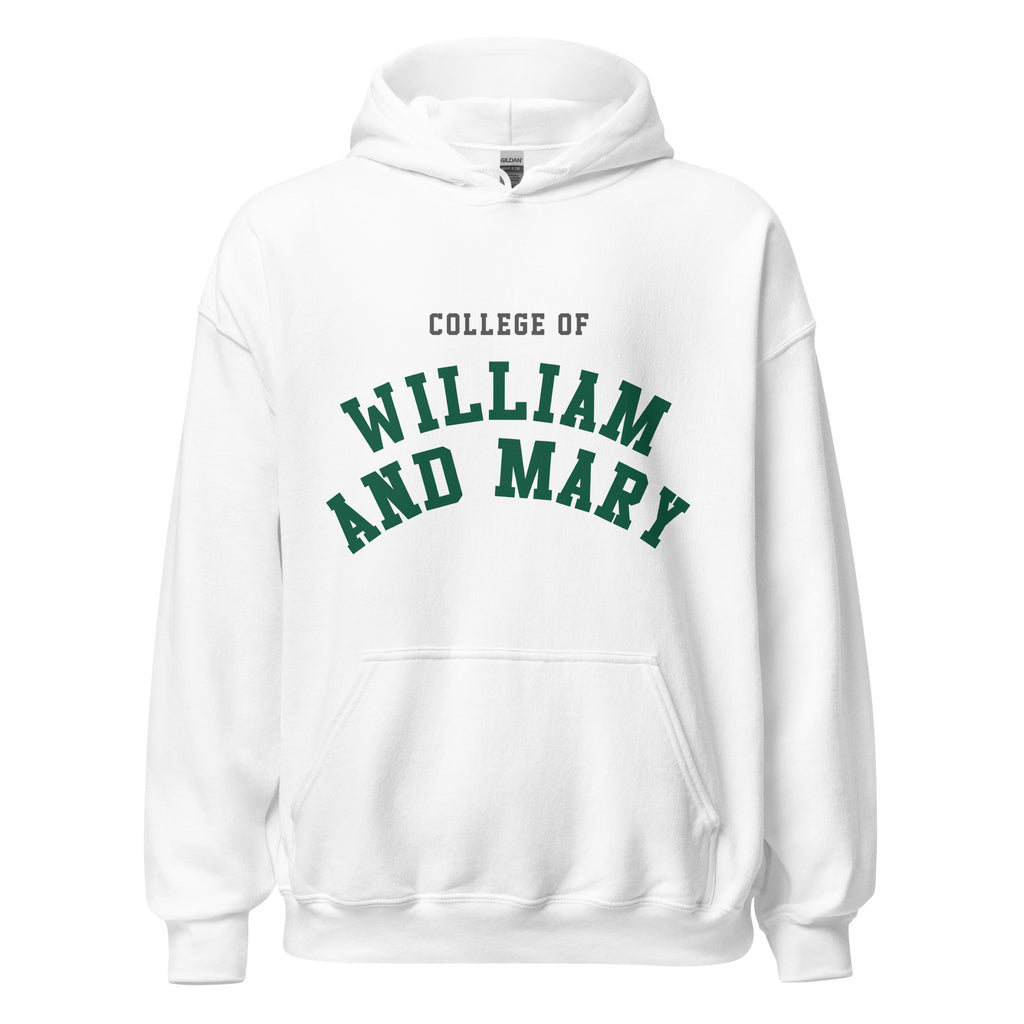 Unisex heather gray hoodie featuring College of William & Mary logo printed across the front chest