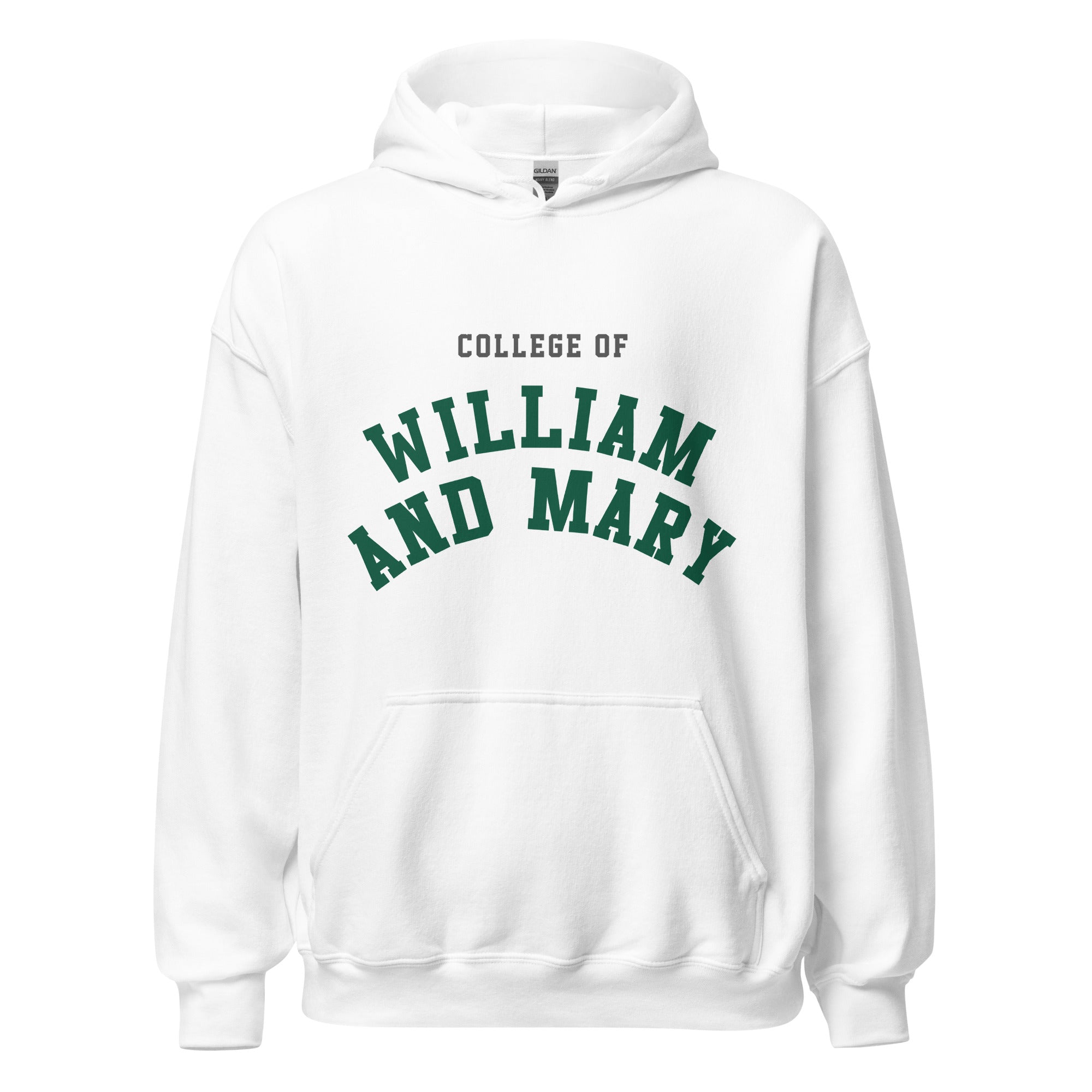 Unisex heather gray hoodie featuring College of William & Mary logo printed across the front chest