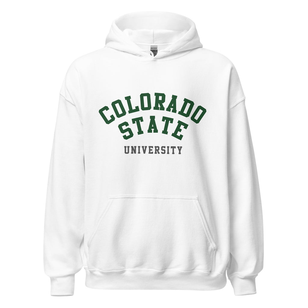Unisex heather gray hoodie featuring Colorado State University logo printed across the front chest