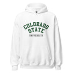 Unisex heather gray hoodie featuring Colorado State University logo printed across the front chest