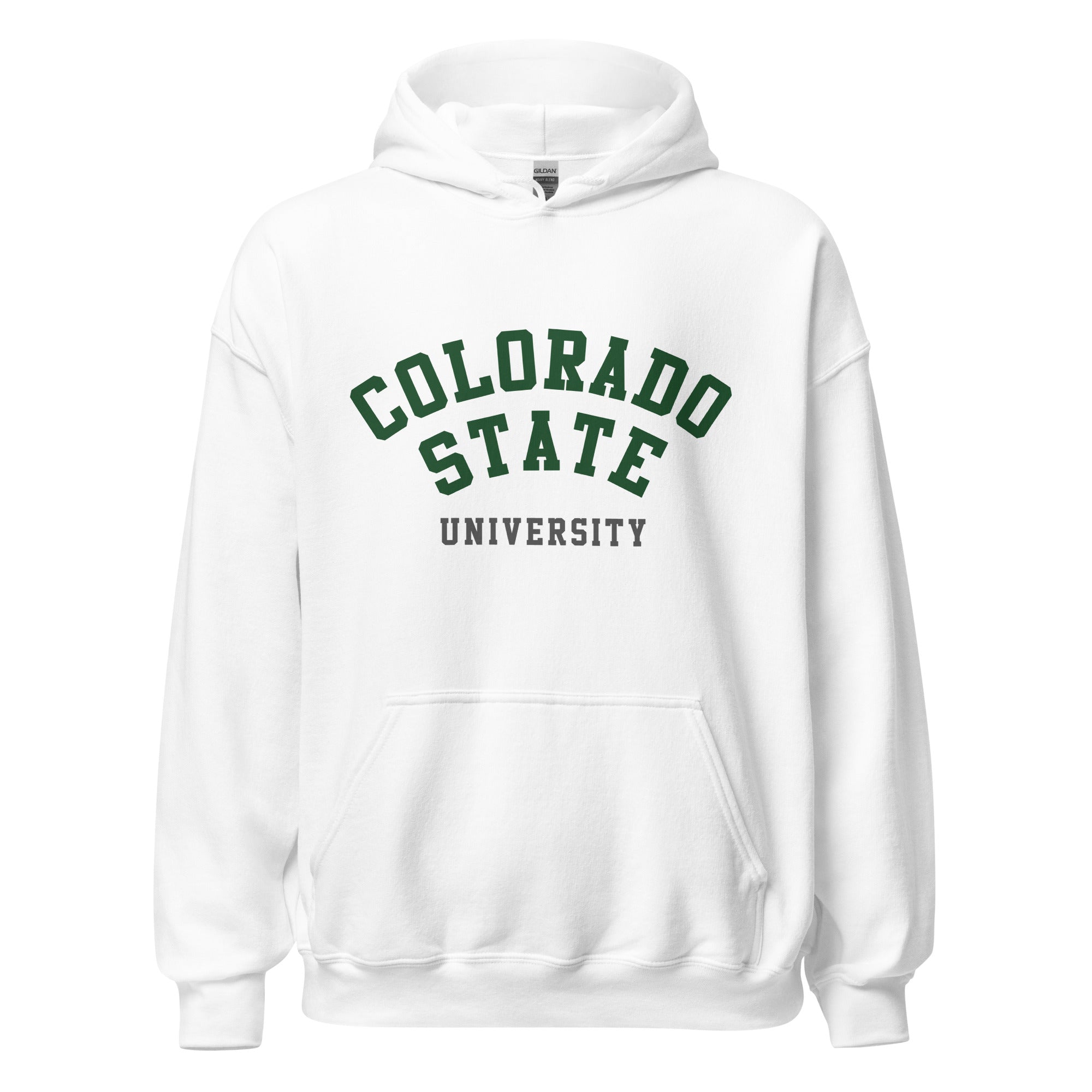 Unisex heather gray hoodie featuring Colorado State University logo printed across the front chest