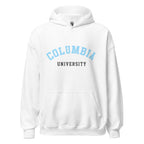Unisex black hoodie featuring Columbia University logo printed across the front chest