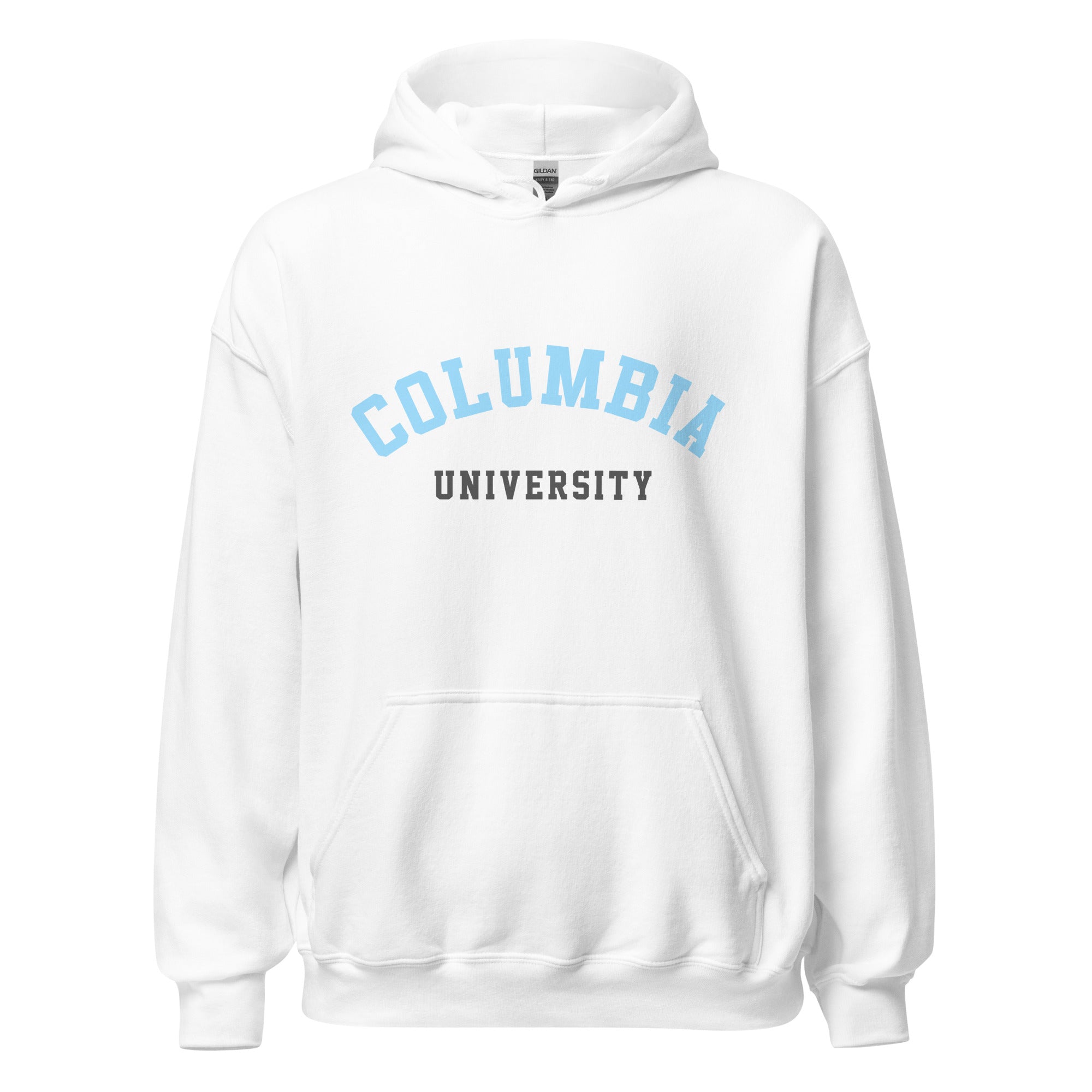Unisex black hoodie featuring Columbia University logo printed across the front chest