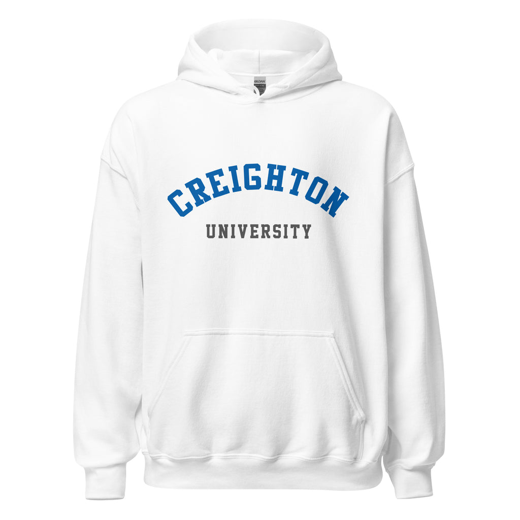 Unisex heather gray hoodie featuring Creighton University logo printed across the front chest