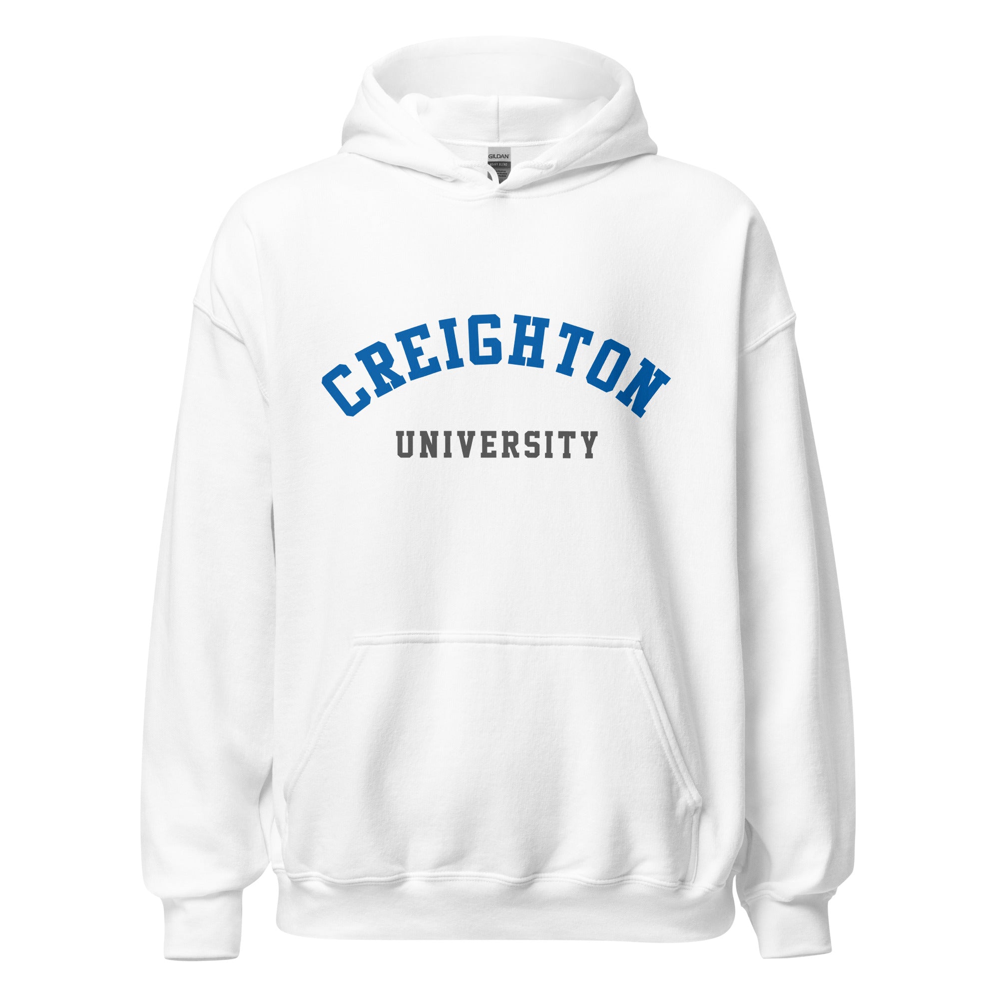 Unisex heather gray hoodie featuring Creighton University logo printed across the front chest