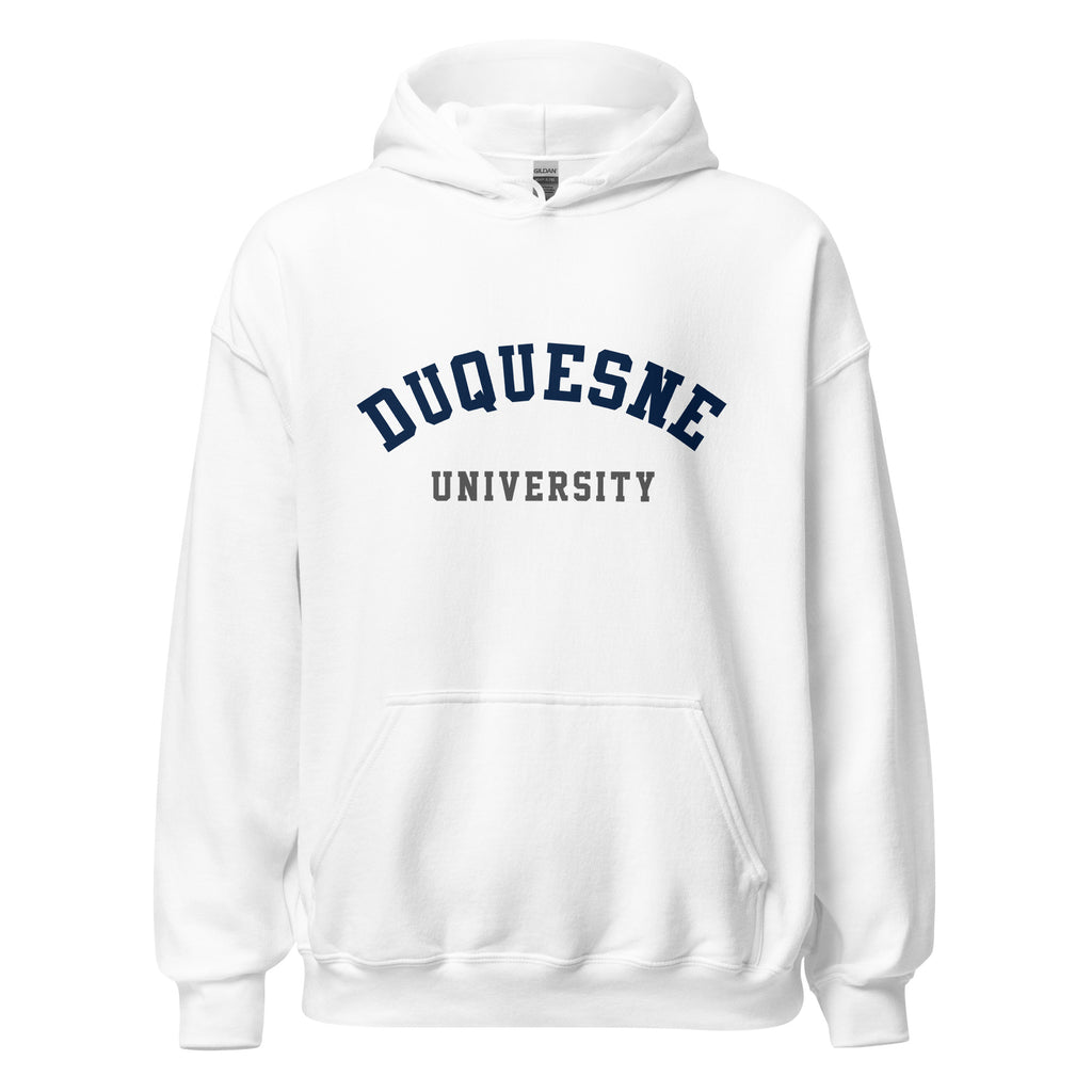 Unisex heather gray hoodie featuring Duquesne University logo printed across the front chest