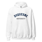 Unisex heather gray hoodie featuring Duquesne University logo printed across the front chest