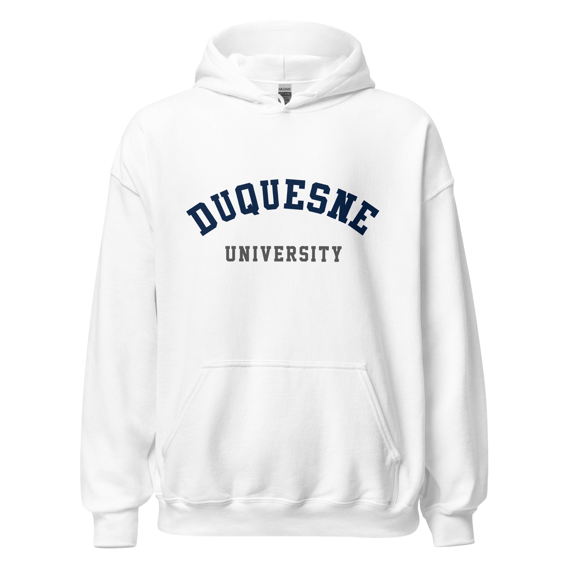 Unisex heather gray hoodie featuring Duquesne University logo printed across the front chest