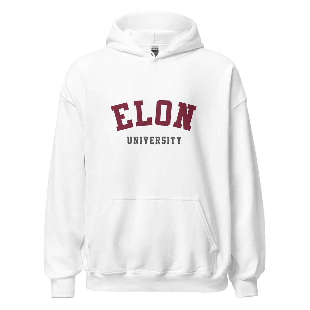 Unisex heather gray hoodie featuring Elon University logo printed across the front chest