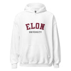 Unisex heather gray hoodie featuring Elon University logo printed across the front chest