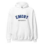 Unisex heather gray hoodie featuring Emory University logo printed across the front chest