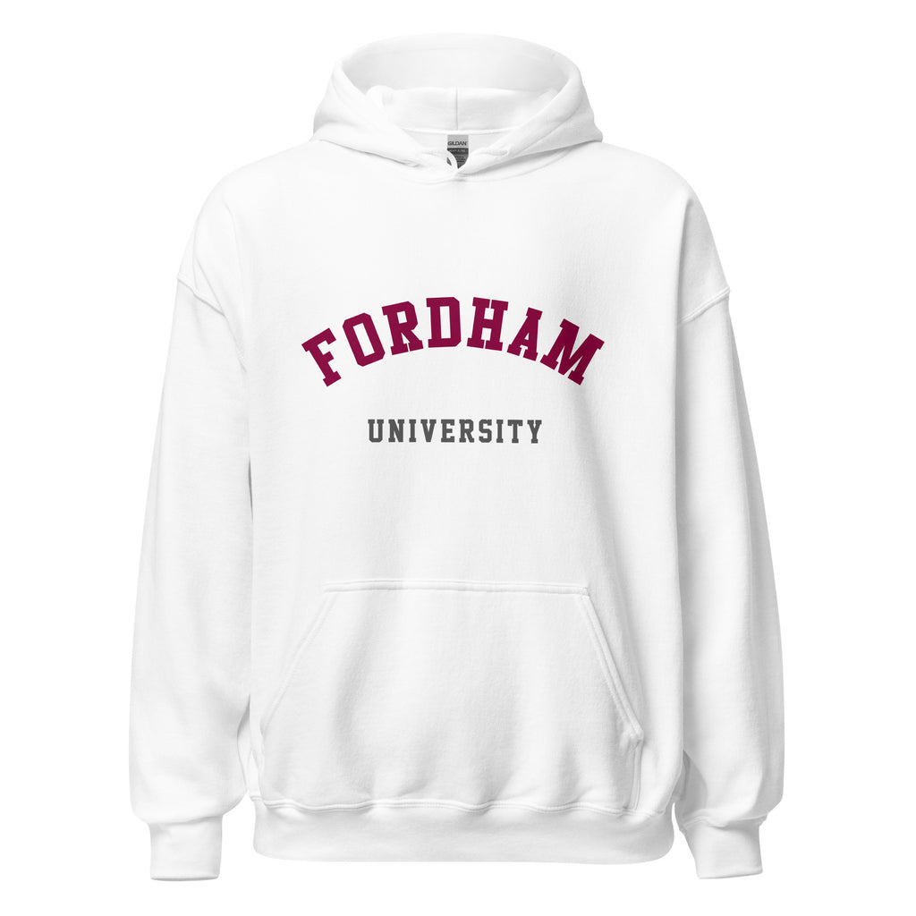 Unisex heather gray hoodie featuring Fordham University logo printed across the front chest