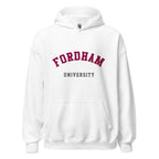 Unisex heather gray hoodie featuring Fordham University logo printed across the front chest