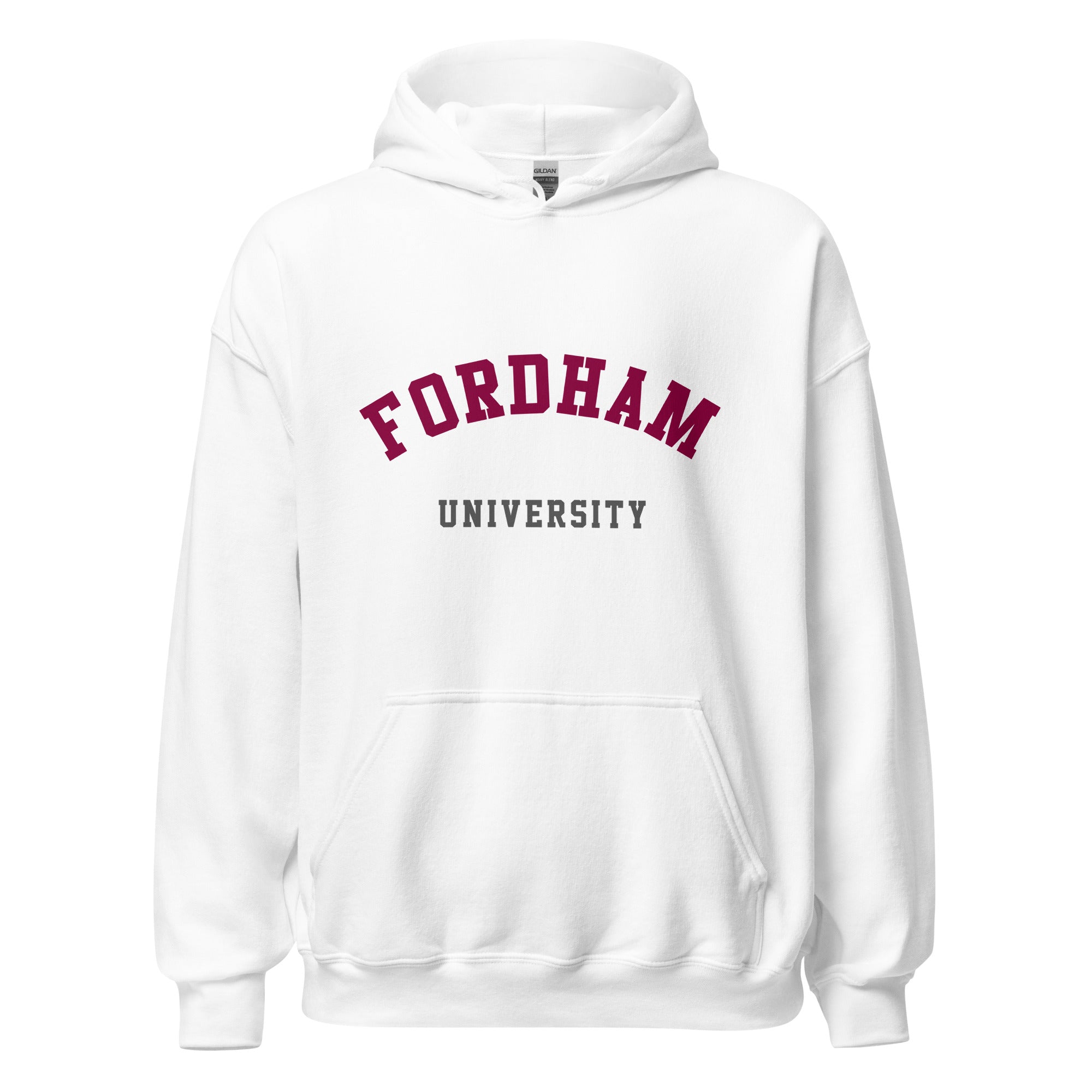 Unisex heather gray hoodie featuring Fordham University logo printed across the front chest