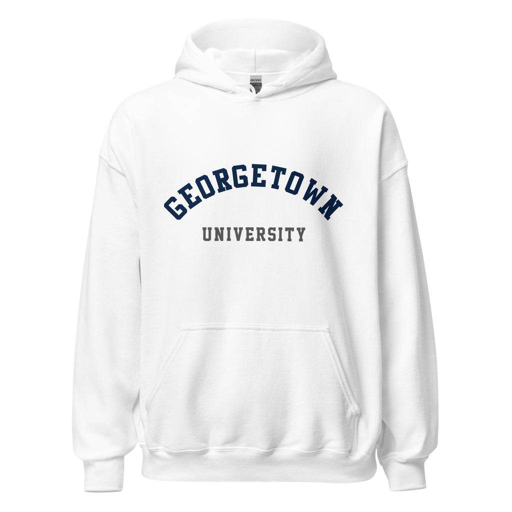 Unisex heather gray hoodie featuring Georgetown University logo printed across the front chest