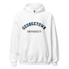 Unisex heather gray hoodie featuring Georgetown University logo printed across the front chest