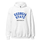 Unisex heather gray hoodie featuring Georgia State University logo printed across the front chest