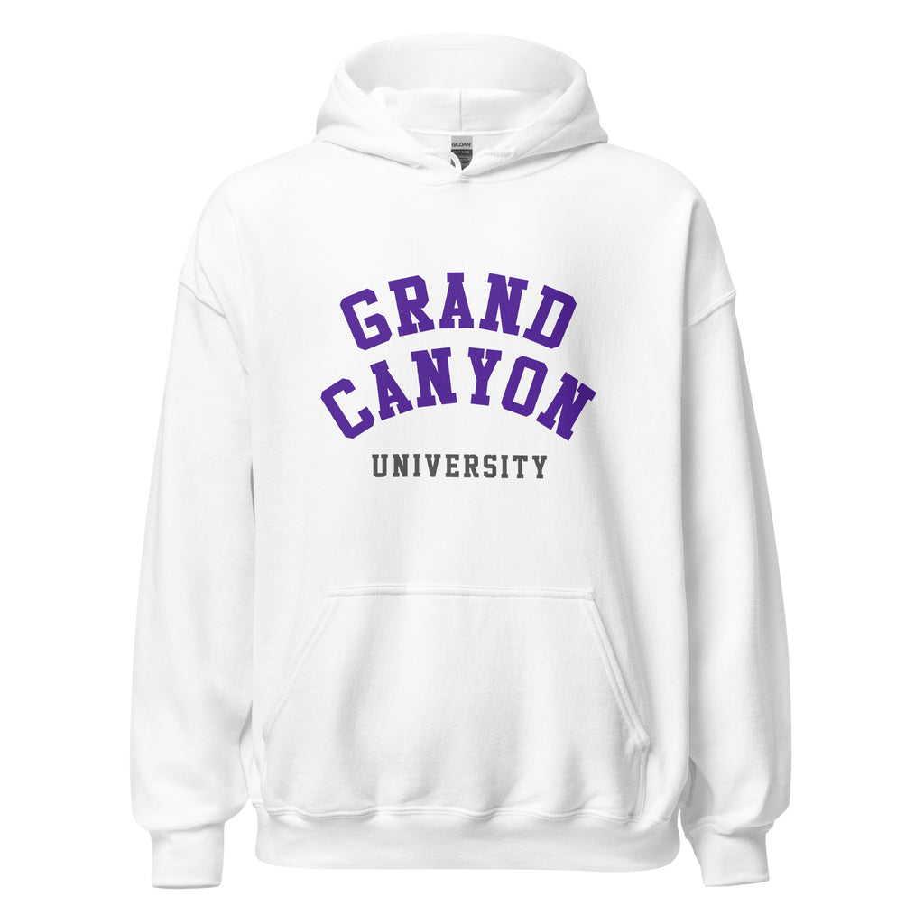 Unisex heather gray hoodie featuring Grand Canyon University logo printed across the front chest