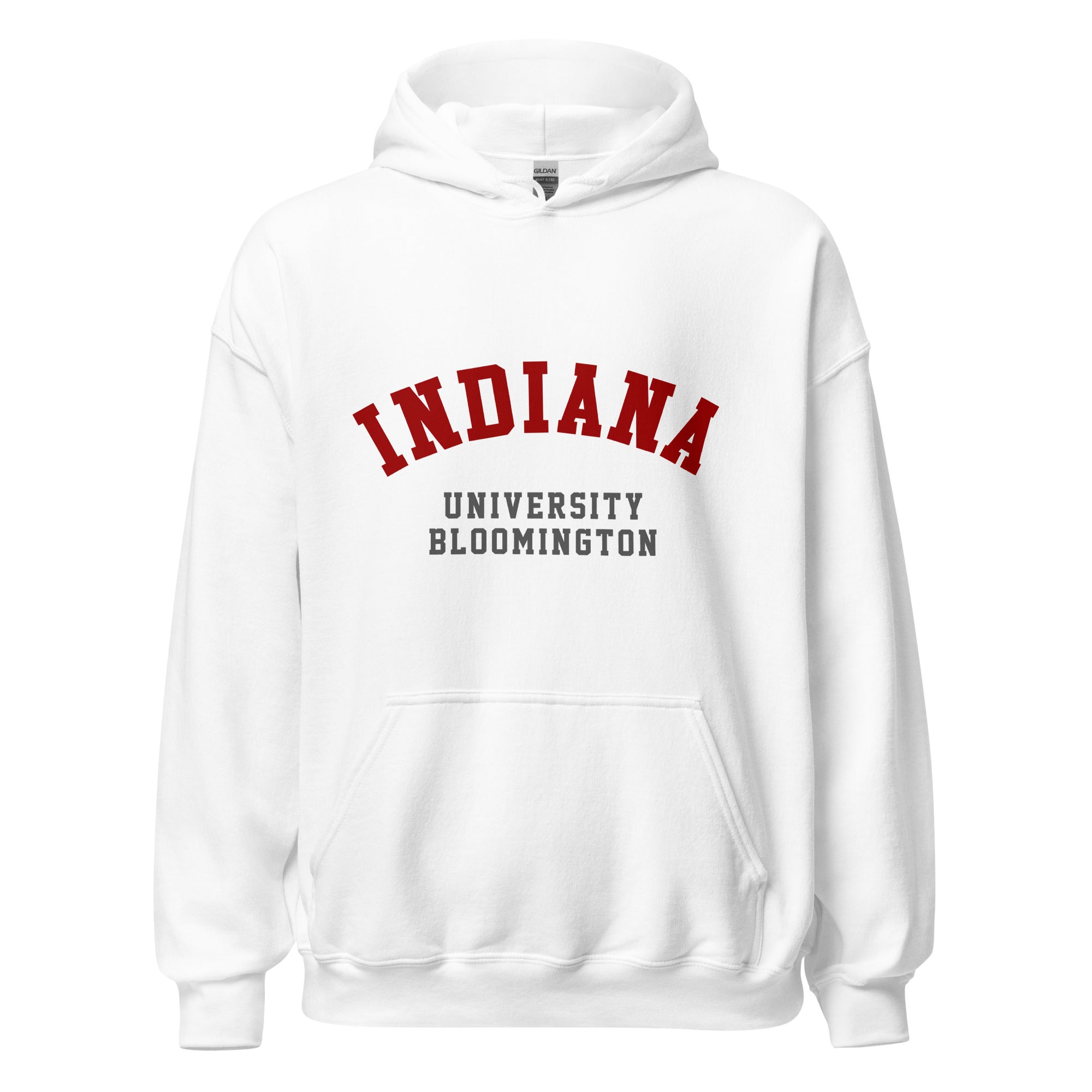 Unisex heather gray hoodie featuring Indiana University Bloomington logo printed across the front chest