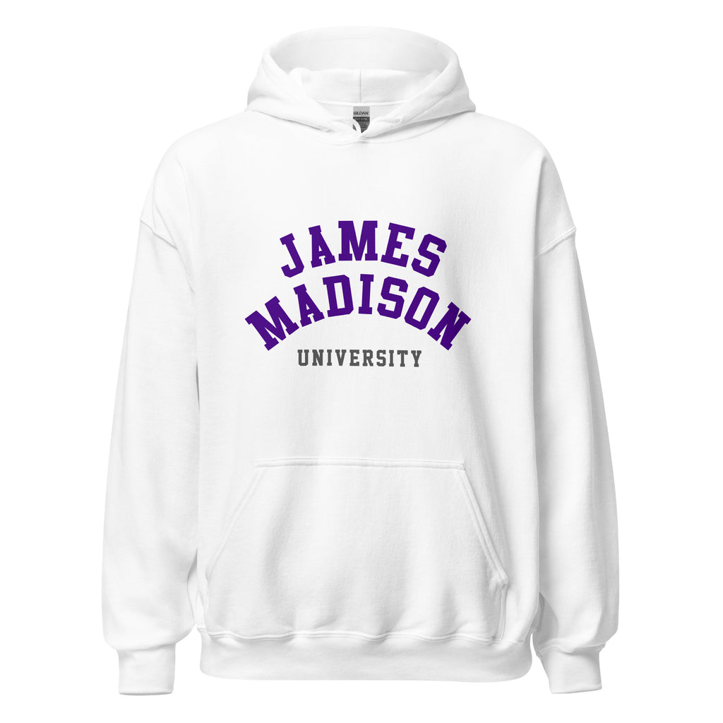 Unisex heather gray hoodie featuring James Madison University logo printed across the front chest