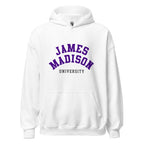 Unisex heather gray hoodie featuring James Madison University logo printed across the front chest