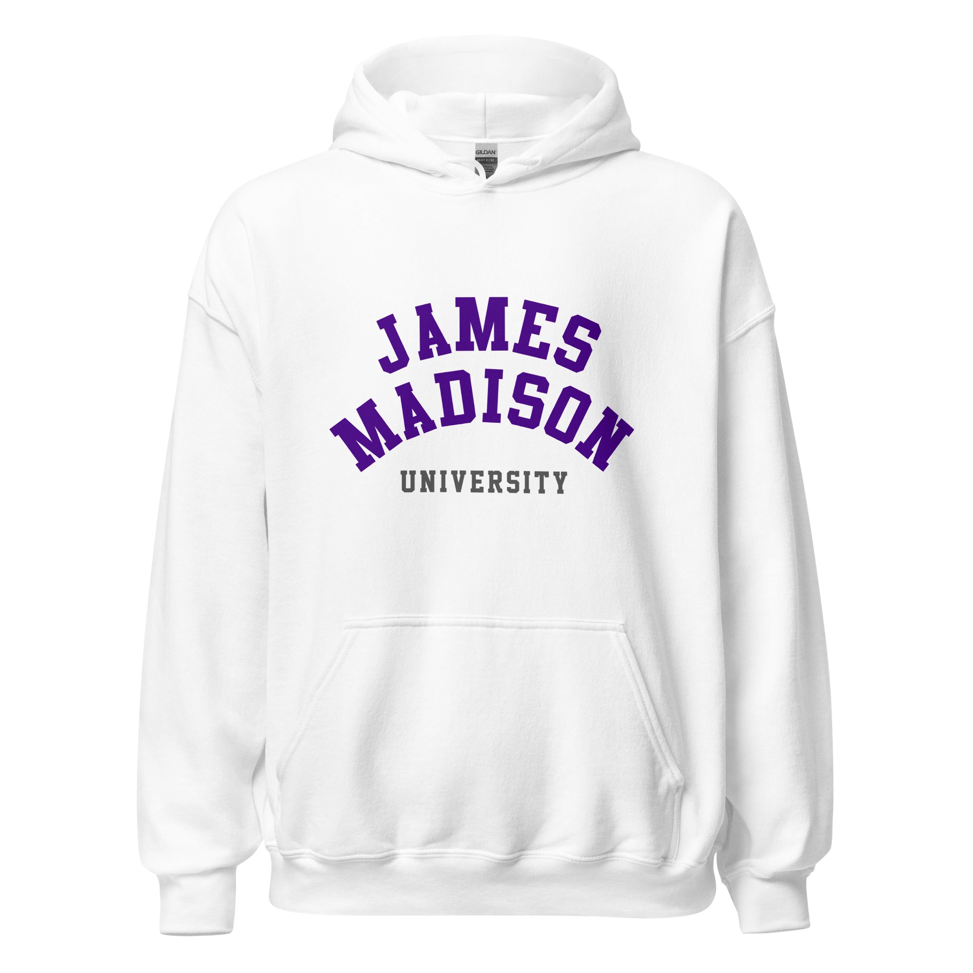 Unisex heather gray hoodie featuring James Madison University logo printed across the front chest