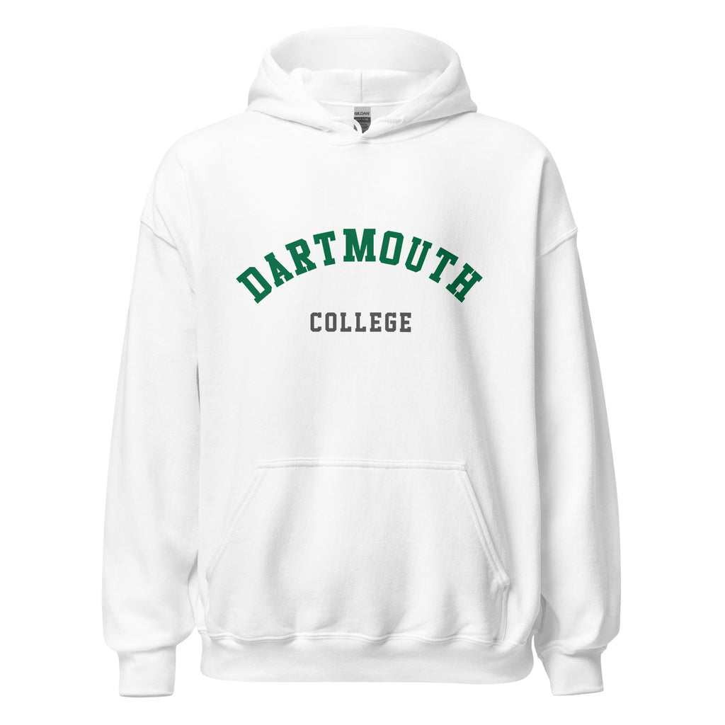 Unisex heather gray hoodie featuring Dartmouth College logo printed across the front chest