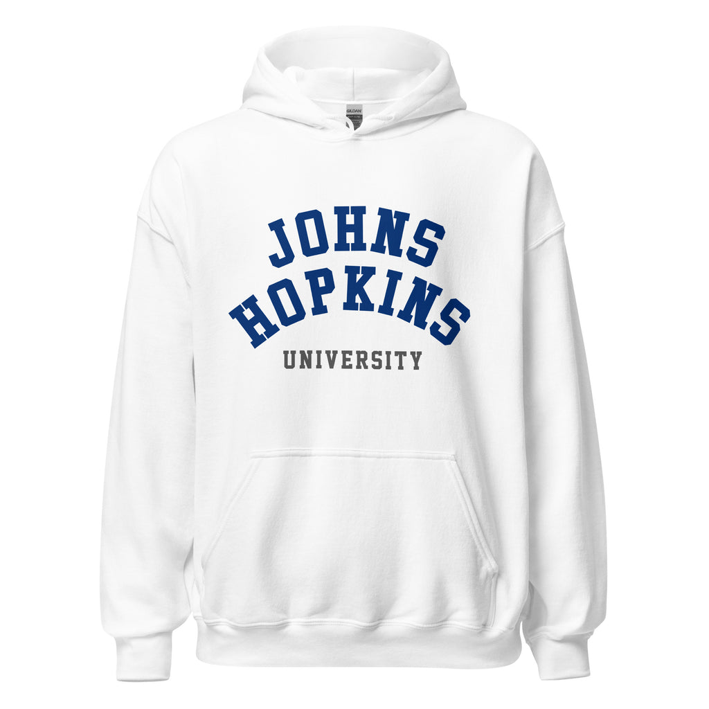 Unisex heather gray hoodie featuring Johns Hopkins University logo printed across the front chest