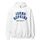 Unisex heather gray hoodie featuring Johns Hopkins University logo printed across the front chest