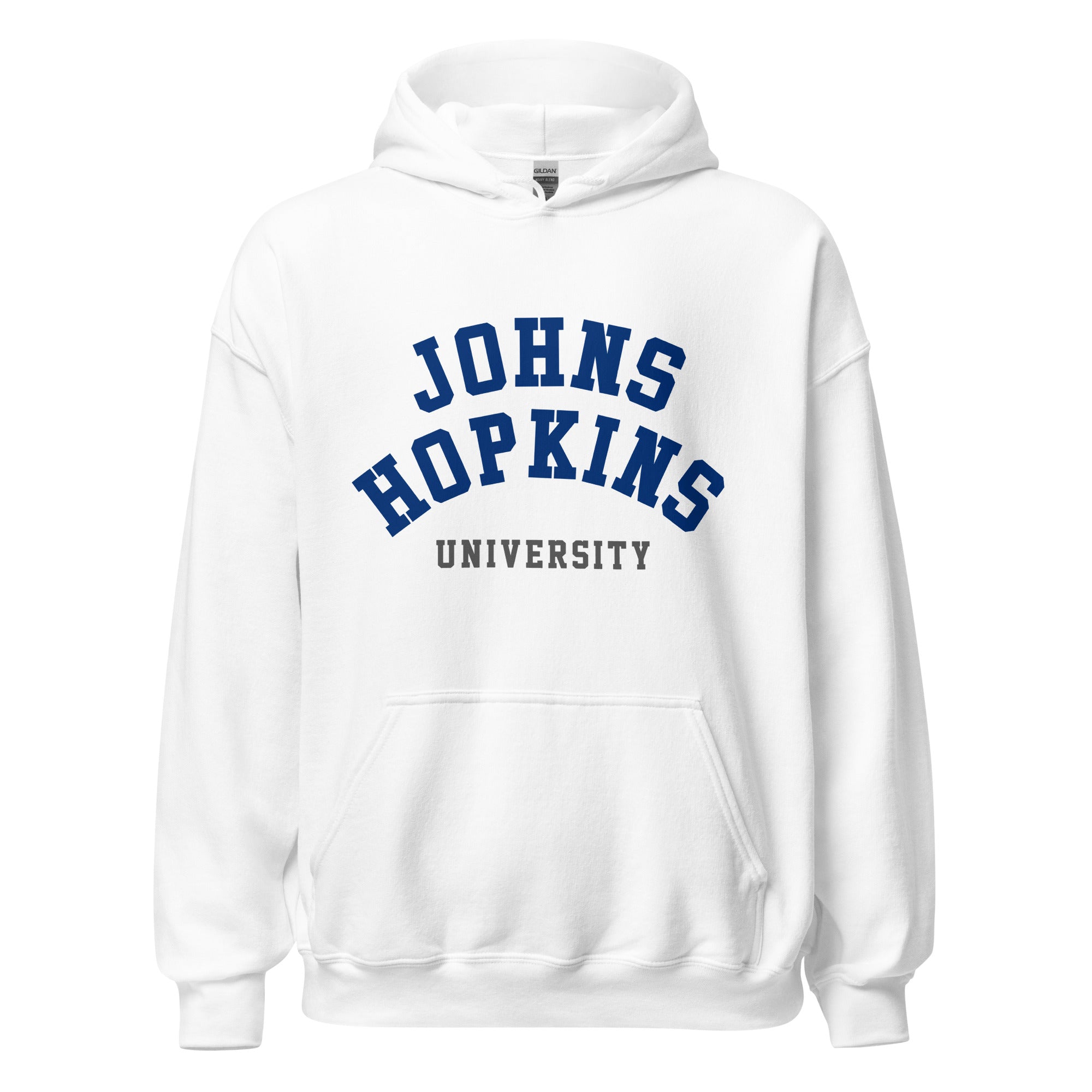 Unisex heather gray hoodie featuring Johns Hopkins University logo printed across the front chest