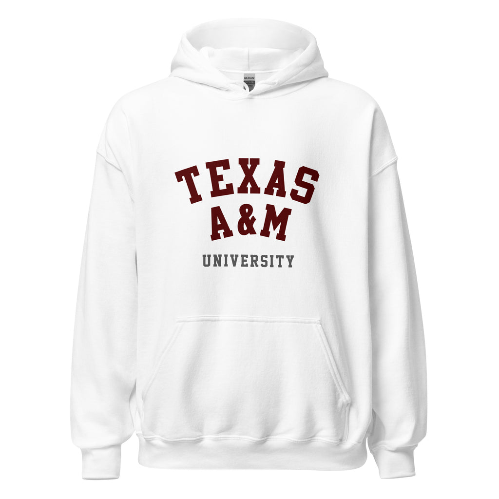 Unisex heather gray hoodie featuring Texas A&M University logo printed across the front chest