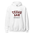 Unisex heather gray hoodie featuring Texas A&M University logo printed across the front chest