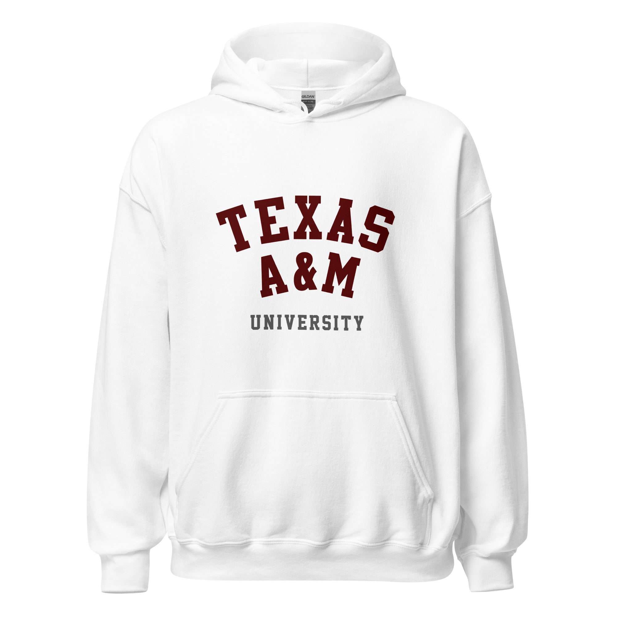 Unisex heather gray hoodie featuring Texas A&M University logo printed across the front chest