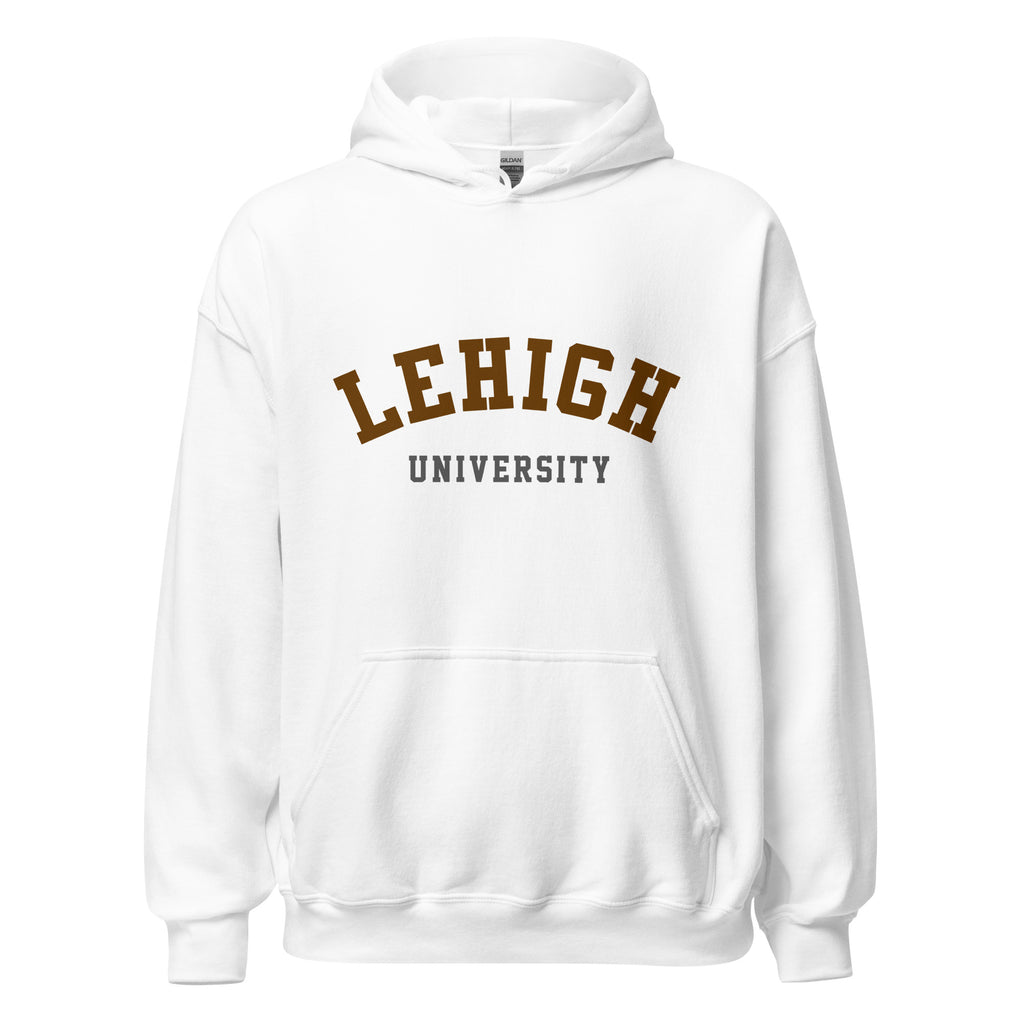 Unisex heather gray hoodie featuring Lehigh University logo printed across the front chest