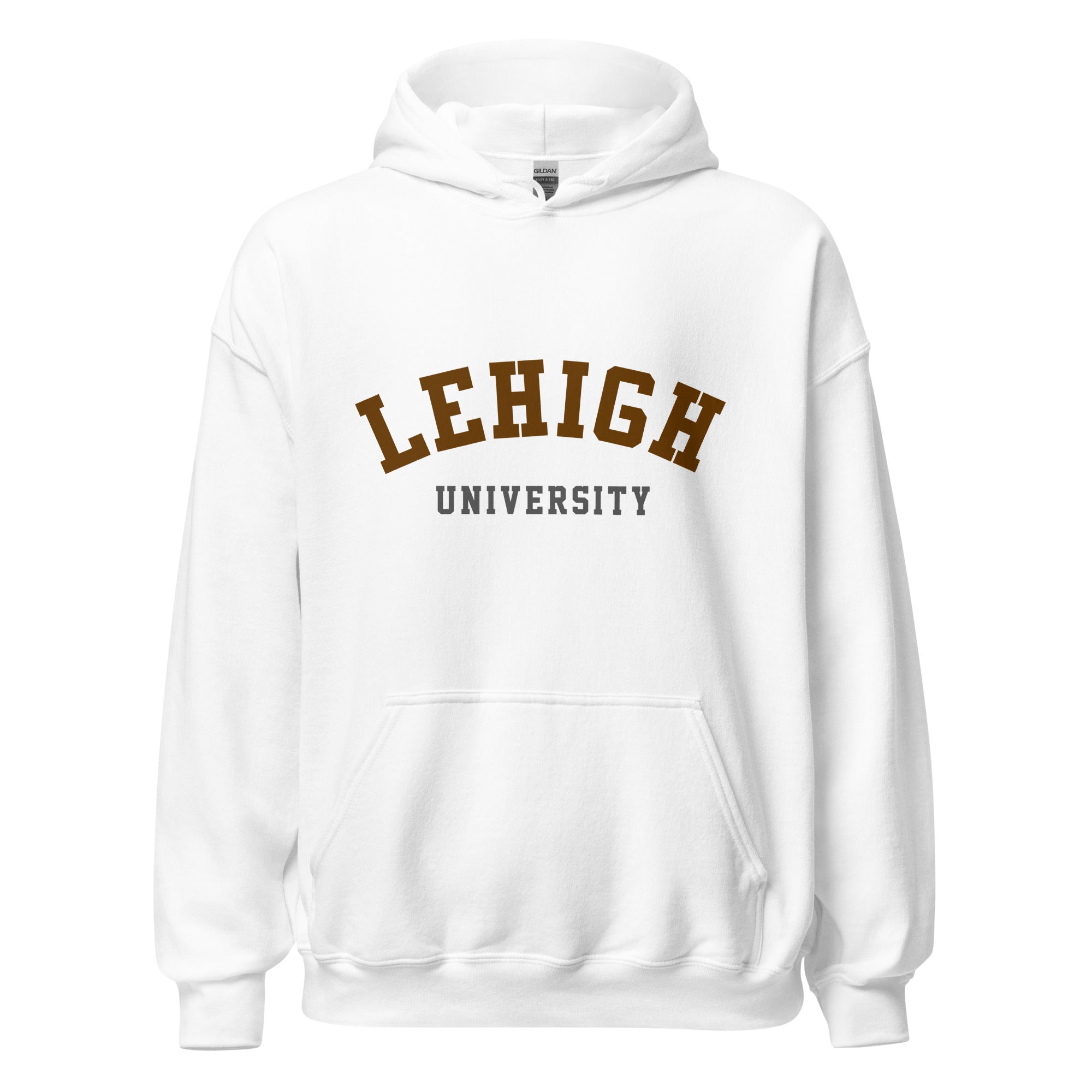 Unisex heather gray hoodie featuring Lehigh University logo printed across the front chest