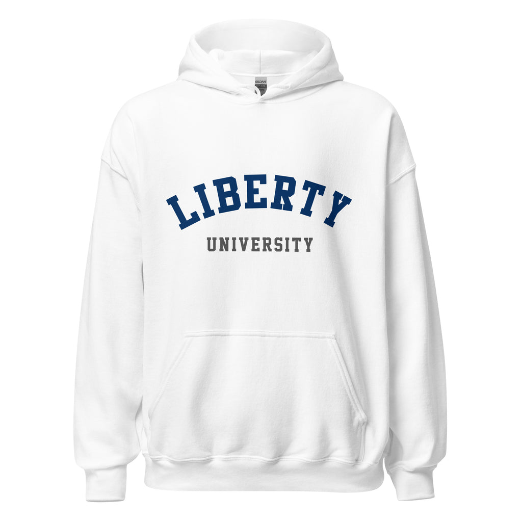Unisex heather gray hoodie featuring Liberty University logo printed across the front chest