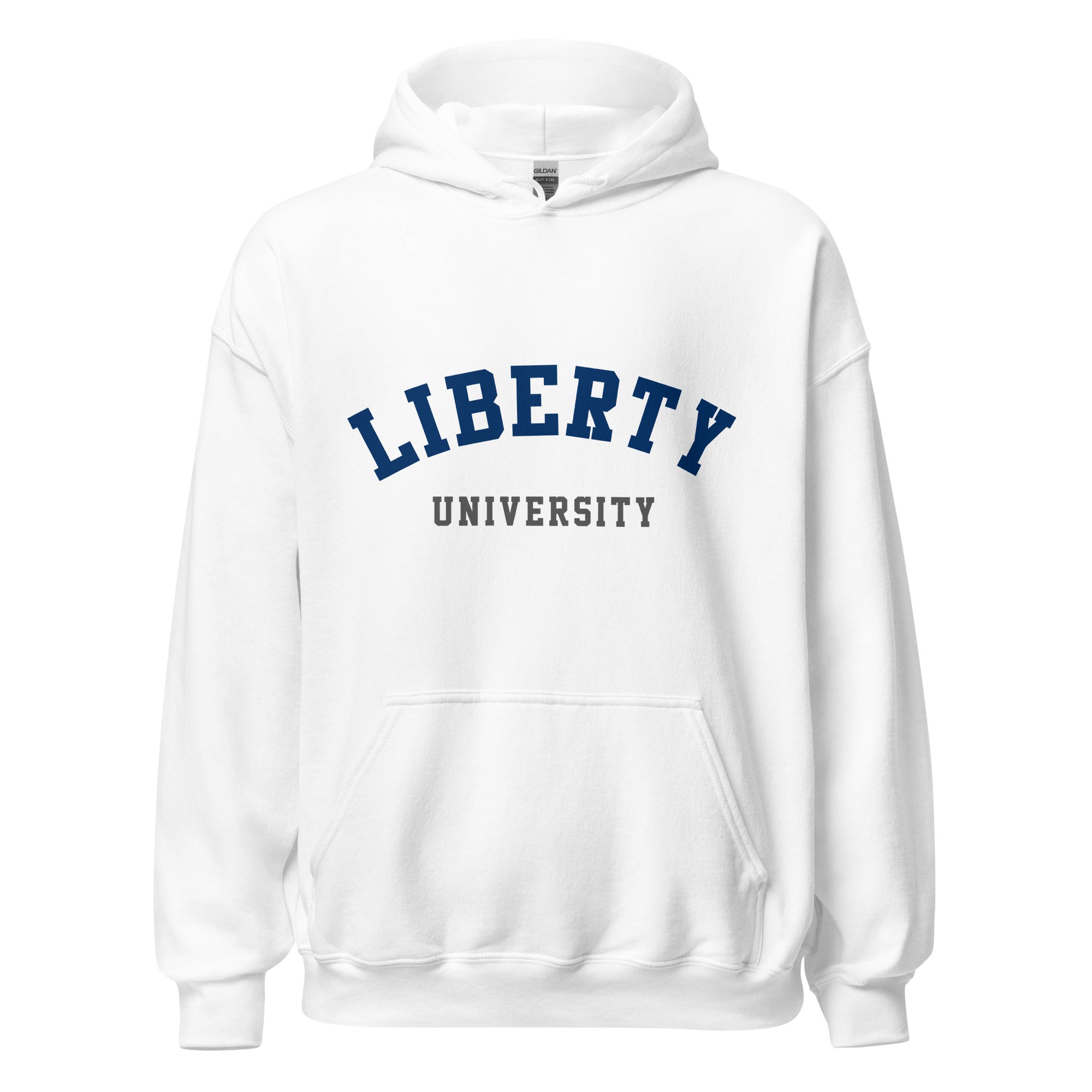 Unisex heather gray hoodie featuring Liberty University logo printed across the front chest