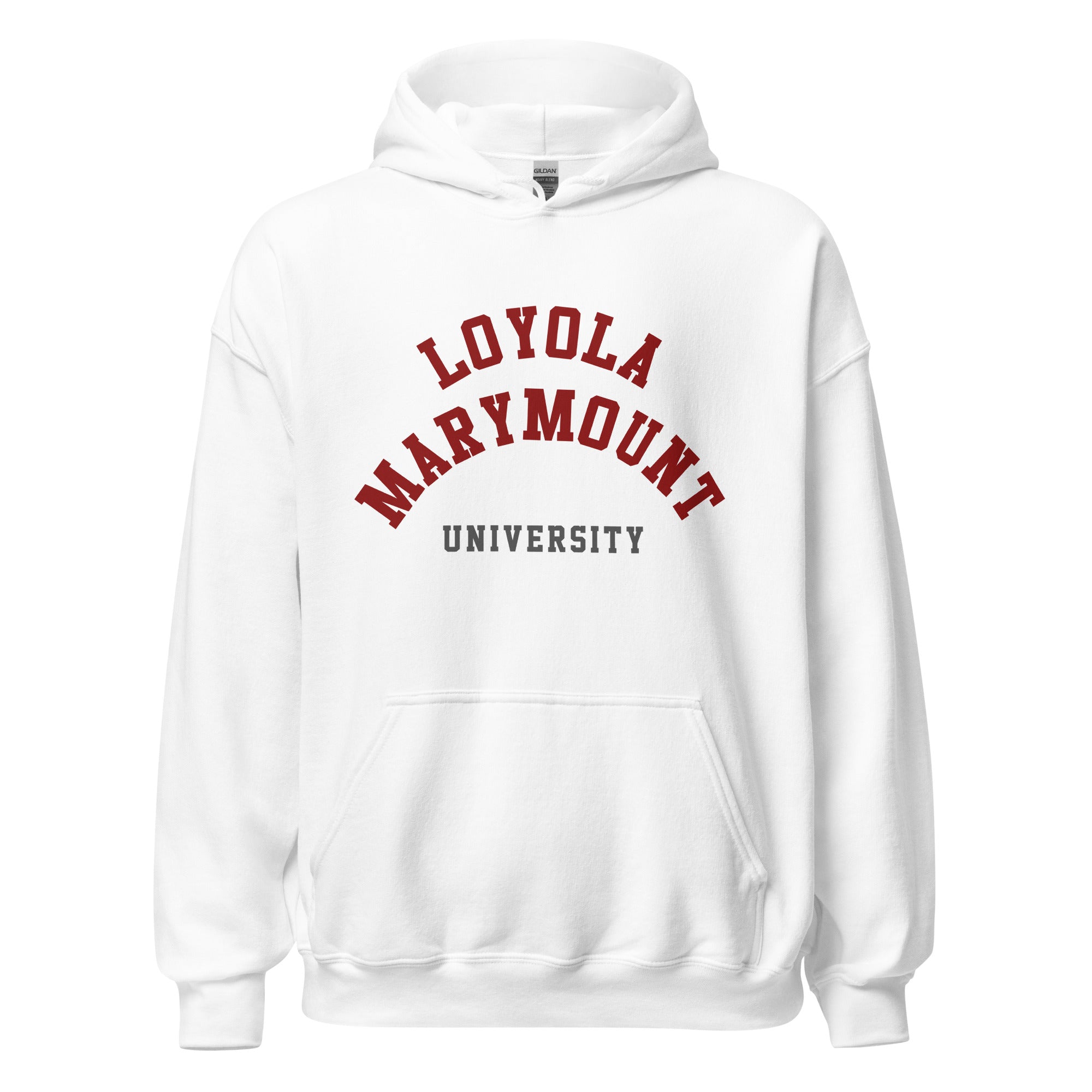 Unisex heather gray hoodie featuring Loyola Marymount University logo printed across the front chest