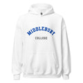 Unisex heather gray hoodie featuring Middlebury College logo printed across the front chest