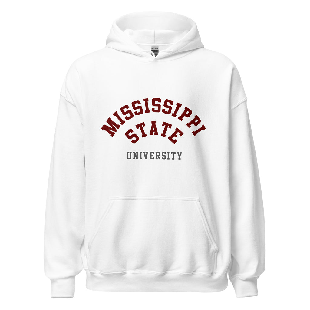Unisex heather gray hoodie featuring Mississippi State University logo printed across the front chest