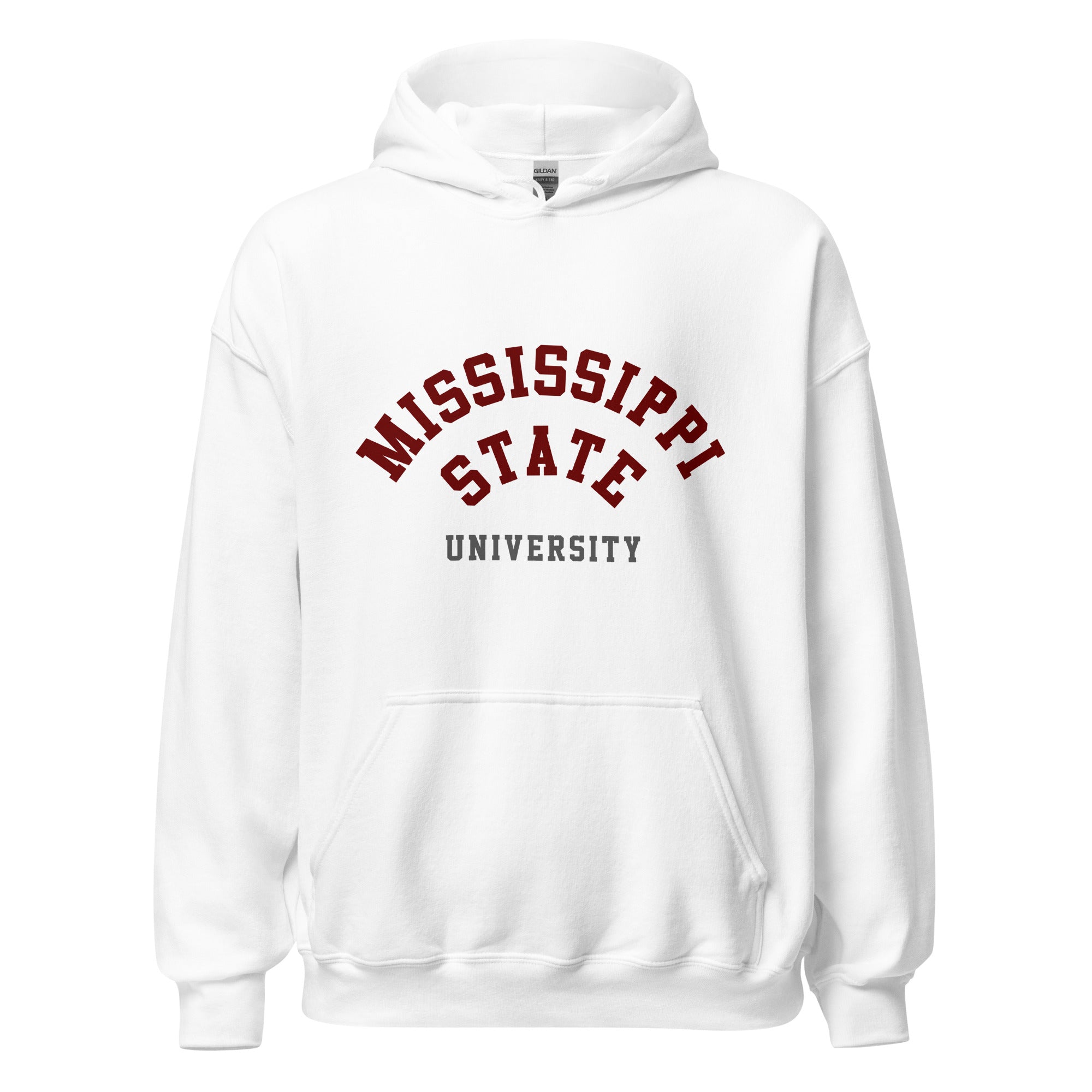 Unisex heather gray hoodie featuring Mississippi State University logo printed across the front chest