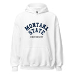 Unisex heather gray hoodie featuring Montana State University logo printed across the front chest