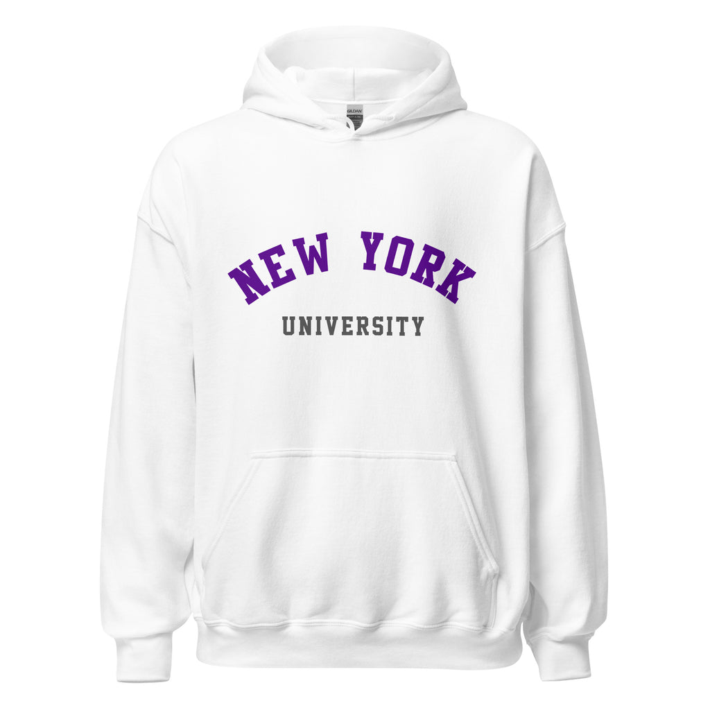 Unisex heather gray hoodie featuring New York University logo printed across the front chest
